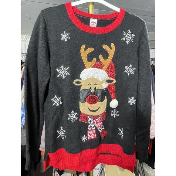Ugly Christmas Sweater Sweaters - Rudolph Red Nose Reindeer Christmas Sweater Small w Scarf Embellished Sparkling